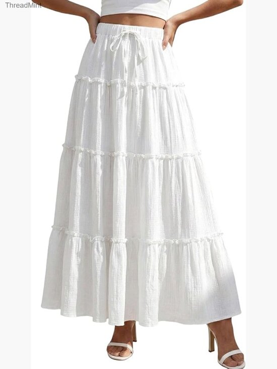 Dresses & Skirts - Boho Flowy Maxi Skirt Tiered Ruffle Elastic High Waisted